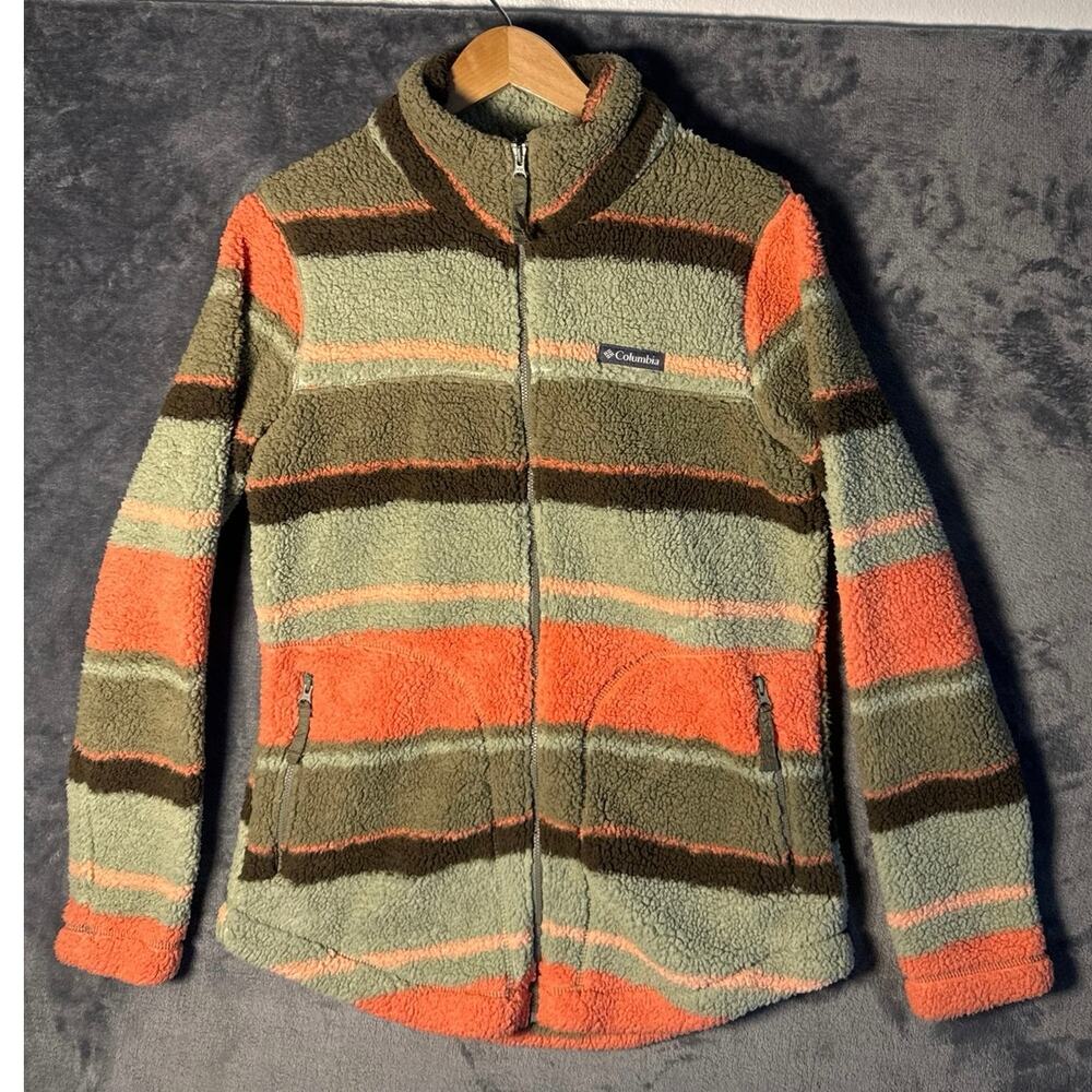 Columbia West Bend Full Zip Sherpa Fleece Jacket Stripe Green Orange Medium